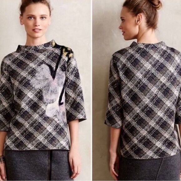 Anthropologie Troubadour Plaid Floral Petal Detail Mock Neck Sweater Small - Picture 1 of 9